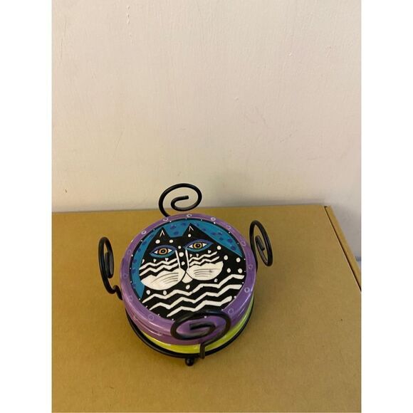 Laurel Burch 3 Coasters Cats defect on 1 purple green colors - Picture 5 of 5
